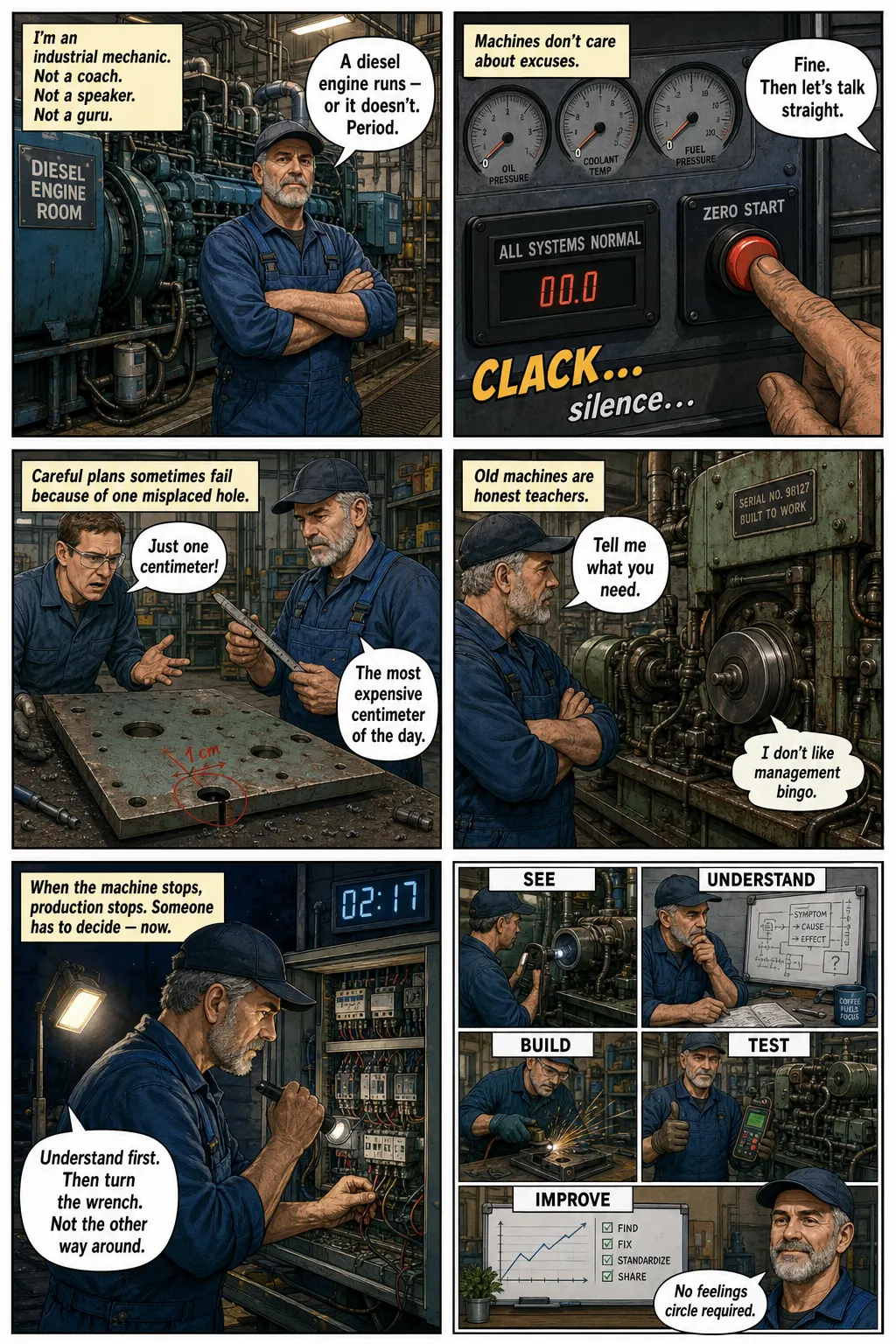 Machines Don’t Like Excuses — page 1. Workshop, pressure, no excuses at the bench.