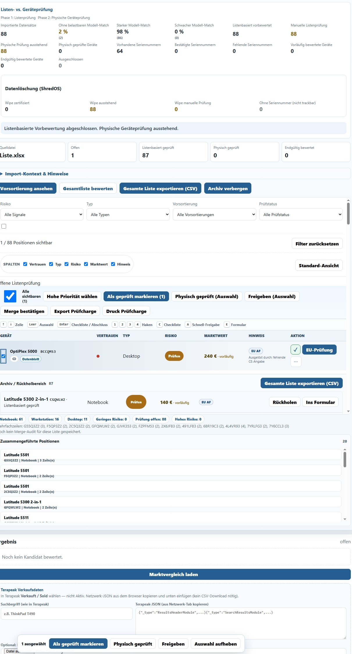 FehrWatch Listenansicht für IT-Refurbishing mit OptiPlex Desktop und Latitude Notebook Preisbewertung und Risiko-Prüfung